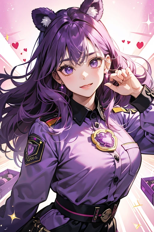 Surprise Bear had amethyst purple fur and her badge is a jack-in-the-box stamped with a red heart with a yellow star popping out. SPARKLE; GLITTER