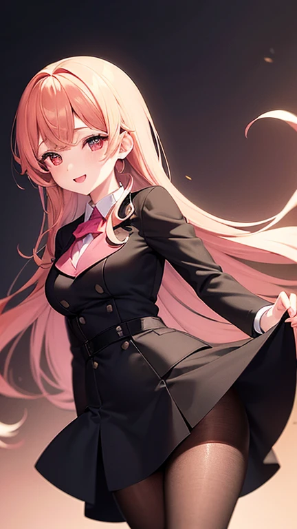 obra maestra,Mejor calidad, 1 chica, solo, Caucasian, pale skin, long curly auburn hair, ojos color avellana, traje de falda rosa, chaqueta rosa, corbata rosa, pink pencil skirt, Tacones altos negros, cuerpo completo, sonrisa