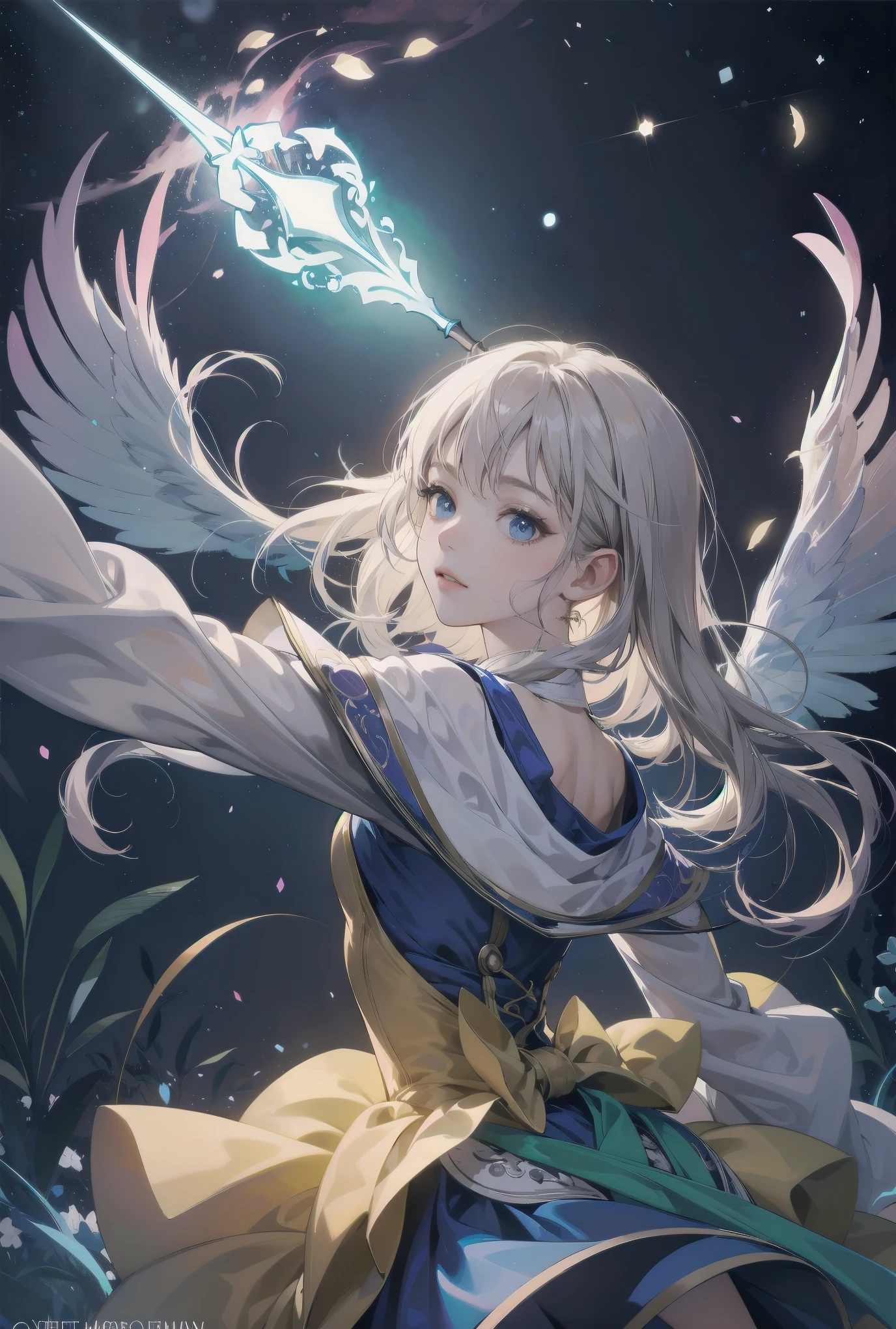 Subject: pretty magical girls.
Subtitle: masterpiece, fantastic, magical, powerful pose
Under a starry sky, in the centre of a mysterious forest, a pretty magical girl raises her glowing wand to the heavens. Around her, particles of seven-coloured magic dance, and with her powerful pose, the entire forest is enveloped in a fantastic light. For this brief moment, even time seems to have frozen.