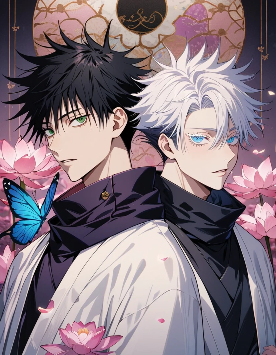 4k, very detailed, hd, Fushiguro Megumi, black hair, green eyes, Gojo Satoru, white hair with bangs, blue eyes, white eyelashes, Jujutsu Kaisen, black scarf, white haori, black kimono with patterns, gay, 2 man together, pink and violet forest, butterflies, pink lotus and petals, handsome,
