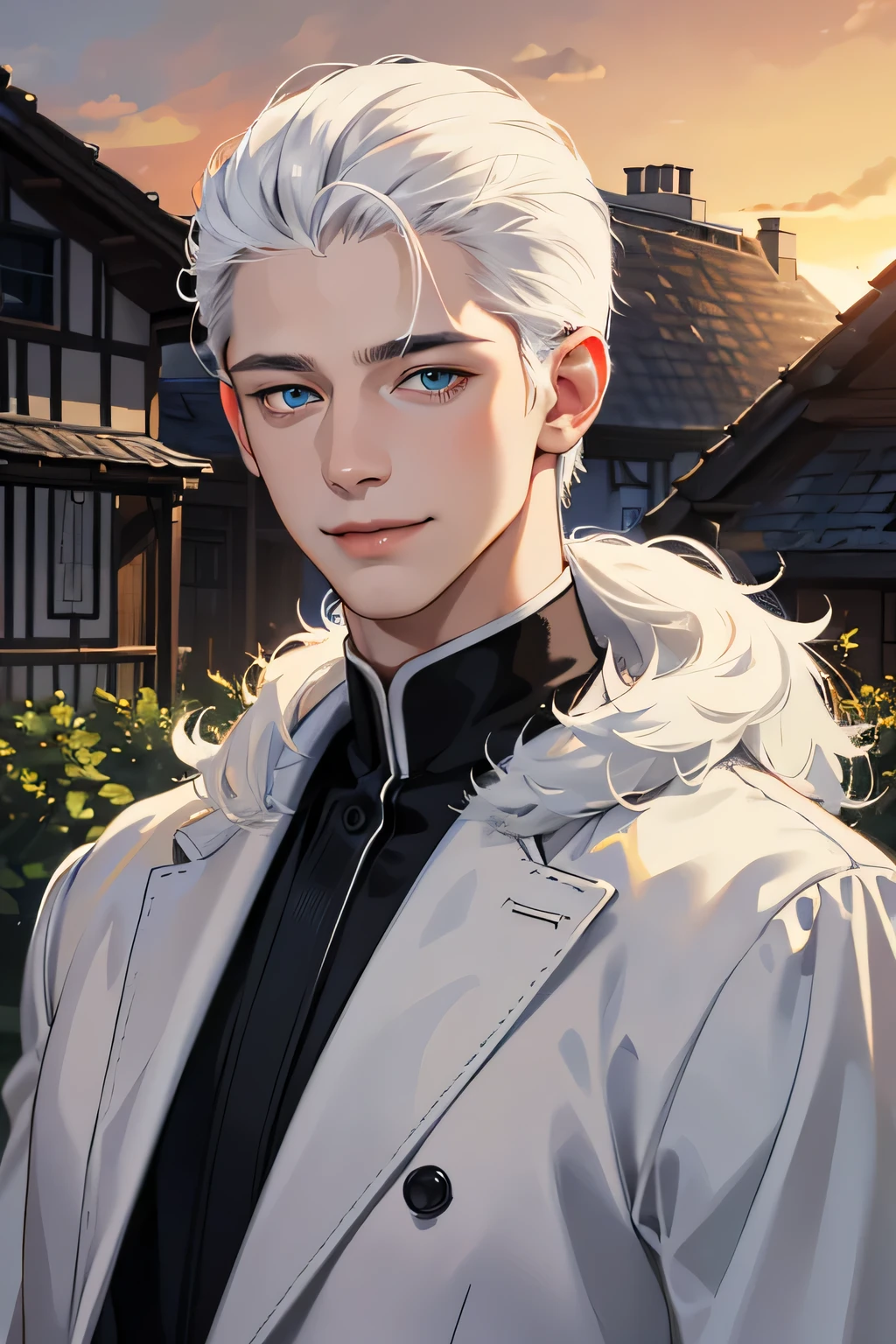 masterpiece, best quality, realistic, 1man, casual dark black clothes, young male, tall , handsome, smile, closed mouth, portrait, extremely detailed face, (over ther shoulder hair), (white hair), (blue eyes), portrait, sunset, outside of a old house english.