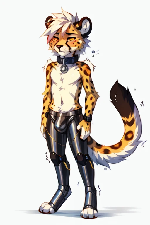 full body,No background, white background, ((by keihound, by reysi)), by Zackary911, by hyattlen, by fumiko, by fluff-kevlar, Furry, Anthro, ((cyborg cheetah)), ((loose collar)), (()), ((twink)), ((small)), ((bored eyes)), ((annoyed expression)), ((blushing)), ((shaking motion line)), ((full body)), short white hair, ((fluffy tail)), ((shirtless,metallic luster bulge, metallic luster stockings)),