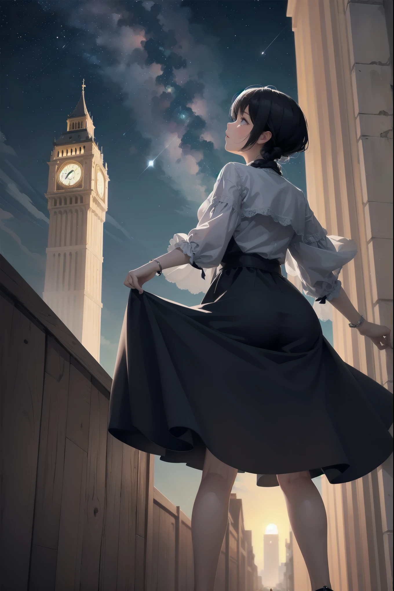 Girl looking up Scene 1: Twilight tower shadow The girl stands quietly against the sky, which is dyed an azure colour. Towering up in front of her is a huge structure called the Tower of Babel. Its form, which seems to pierce through the clouds, seems as if it is about to reach the heavens. The girl's gaze is directed towards the top of the tower. The tower, shrouded in evening darkness, creates a fantastic atmosphere. The surface of the tower is engraved with intricate patterns. It looks like ancient writing. The girl seems to sense something deep within the tower. Is it the memory of a masterpiece story or a longing for an unknown fantasy world? Scene 2: Memory of the starry sky The girl stands at the top of the tower amidst countless twinkling stars in the night sky. At her feet, the lights of the city shine like jewels. The girl closes her eyes and takes a deep breath. The scent of the night breeze is mixed with the old smell of the tower. The girl's mind replayed a famous story. It was a story of adventure and friendship that the girl read as a . The hero of the story, like the girl, climbed the Tower of Babel. There, she meets her friends and overcomes various difficulties. The girl dreamed that one day she, like the hero, would go on an adventure. Scene 3: The promise of the morning glow The girl left the tower just as the light of the morning sun was illuminating it. Looking back, the tower shone in the morning sun and even looked divine. The girl decides that one day she will climb this tower again. And when she does, she vows to spin out the rest of the masterpiece's story. Step by step, the girl walked into the future.