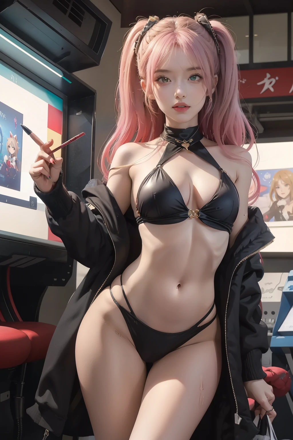 ((Best quality)), ((masterpiece)), (detailed), perfect face. ((best quality)), ((masterpiece)), (detailed), perfect face. Девушка аниме в форме с пиtableетом и луком в торговом центре, from the video game Azur Lane, Lazurny Lane style, Kantai collection style, girls in front style, Kantai arcade collection, macross delta splash art, characters from Azur Lane, girls on the front line CG, official work of art, cancolle, of the girls on the front line, advanced universe for girls, Best quality, Очень detailed, table, high quality, adult girl, Best quality глаз, Качество глаз masterpieceа, fantasy, high quality eyes, 8 k, camel toe, , green eyes, pink hair, long hair, Sexual positions, erotica, Beautiful