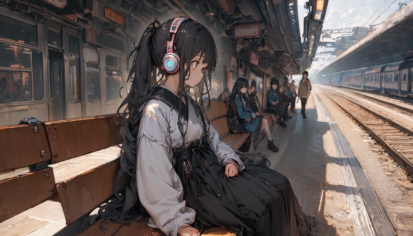 #Quality(8k,best quality,masterpiece,cinematic),solo,#1 girl(cute, kawaii,small kid,black hair with blue underneath,pony tail hair,long hair,brown eyes,big eyes,sitting on a bench,waiting for train,head phone,JK,highschool student,looking away,boring),#background(trainstation,japan),long shot,wide shot,from above,from front