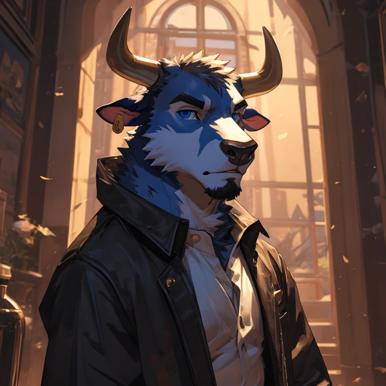 Headshot, handsome male, cow, pointy horns (two), gold nose ring, cattle ear tag, heavy muscular build, short messy fringe, ((best quality)), ((masterpiece)), (detailed), perfect face, blue fur, blue eyes, good eyes, leather jacket, mischievous