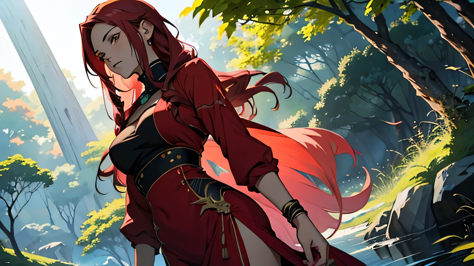 Obra Maestra,  anime style mujer 30 a;os cabello rojo, cuerpo femenino bien definido, cuerpo completo usando vestido elegante negro con accesorios dorados, en un bosque UHD
