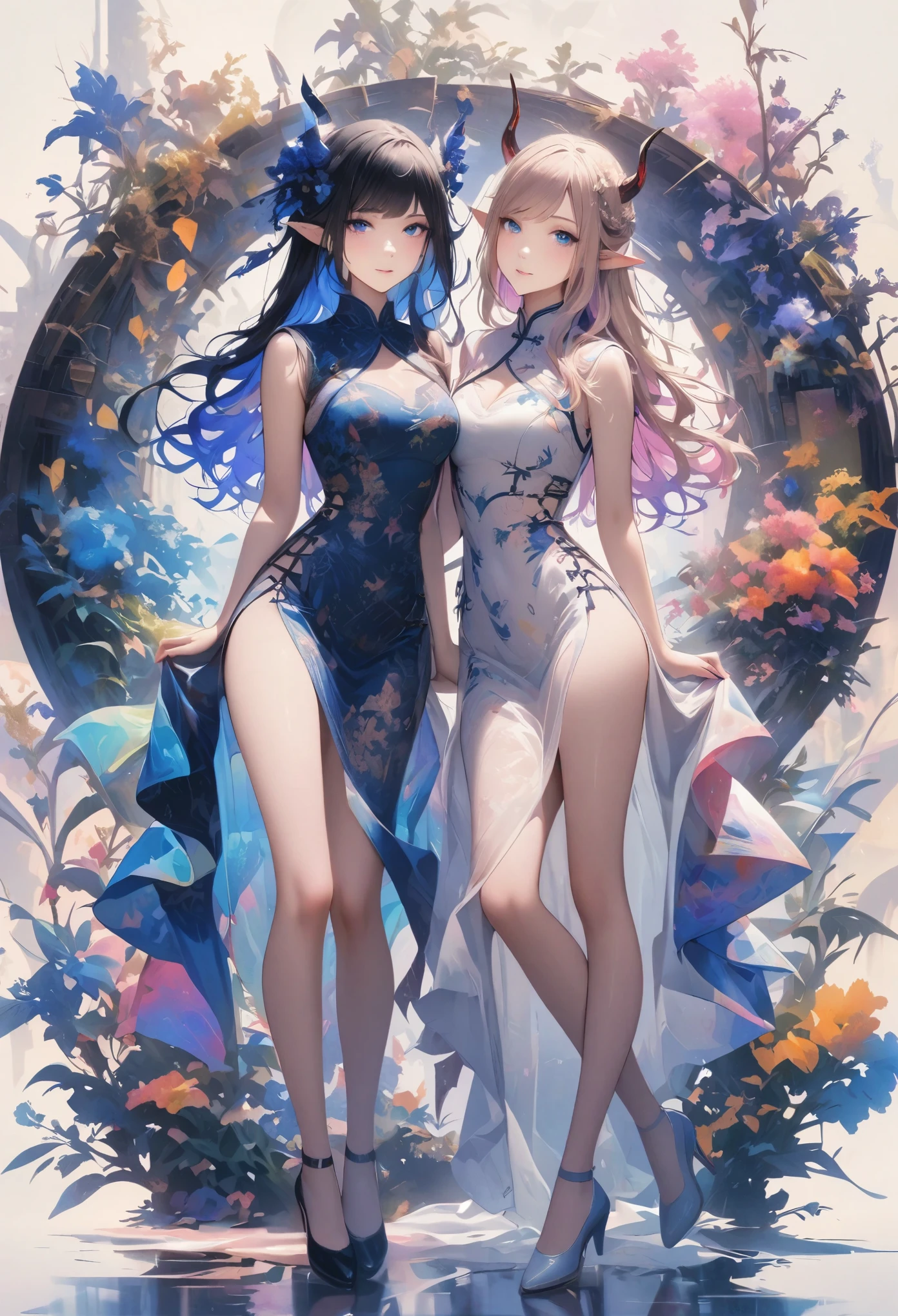 Seamless geometry,The art of splicing,Geometric puzzle style,2 cute girls, elf ears,shining eyes, , happiness,Lovely smile, Colored inner hair,gradient hair,Smooth lines, clean silhouette, (Full body and long legs:1.1), head to shoes,geometric pattern cheongsam,Colorful geometric shapes around,bright colors,eye-catching composition,abstract pattern,Geometric symmetry,Shocking visual impact,blank background,fishnet stockings,devil horns,artistic interpretation,expressive brushstrokes,Translucent layer,Contrasting tones,Warm and cold light exposure,Ethereal and magical atmosphere,seductive and charming scene