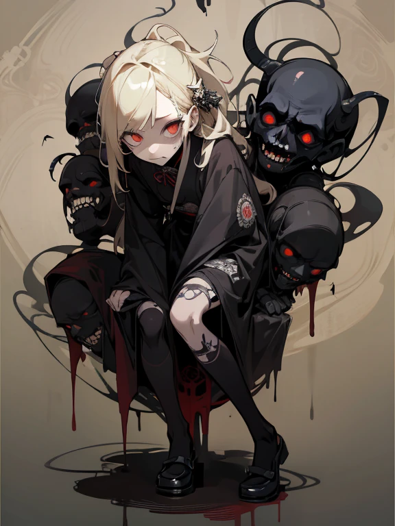 (masterpiece), (High resolution), (super delicate), (masterpiece: 1.2, highest quality), ((demon extermination)), scribble, nightmare, doll-like face, cartoon style, rough sketch, Comic style illustration, (Horror elements), Japanese painting, full body,(snap shot),, That's horrible, (Creepy), Japanese carving,old picture scroll style, old staging, Ancient mural style, crazy illustration, dark atmosphere, flat illustration, Creepyな外観, A very distinctive hairstyle, messy blonde hair、creative accessories, unique atmosphere、Punk Fashion、Punk Rock、irish punk