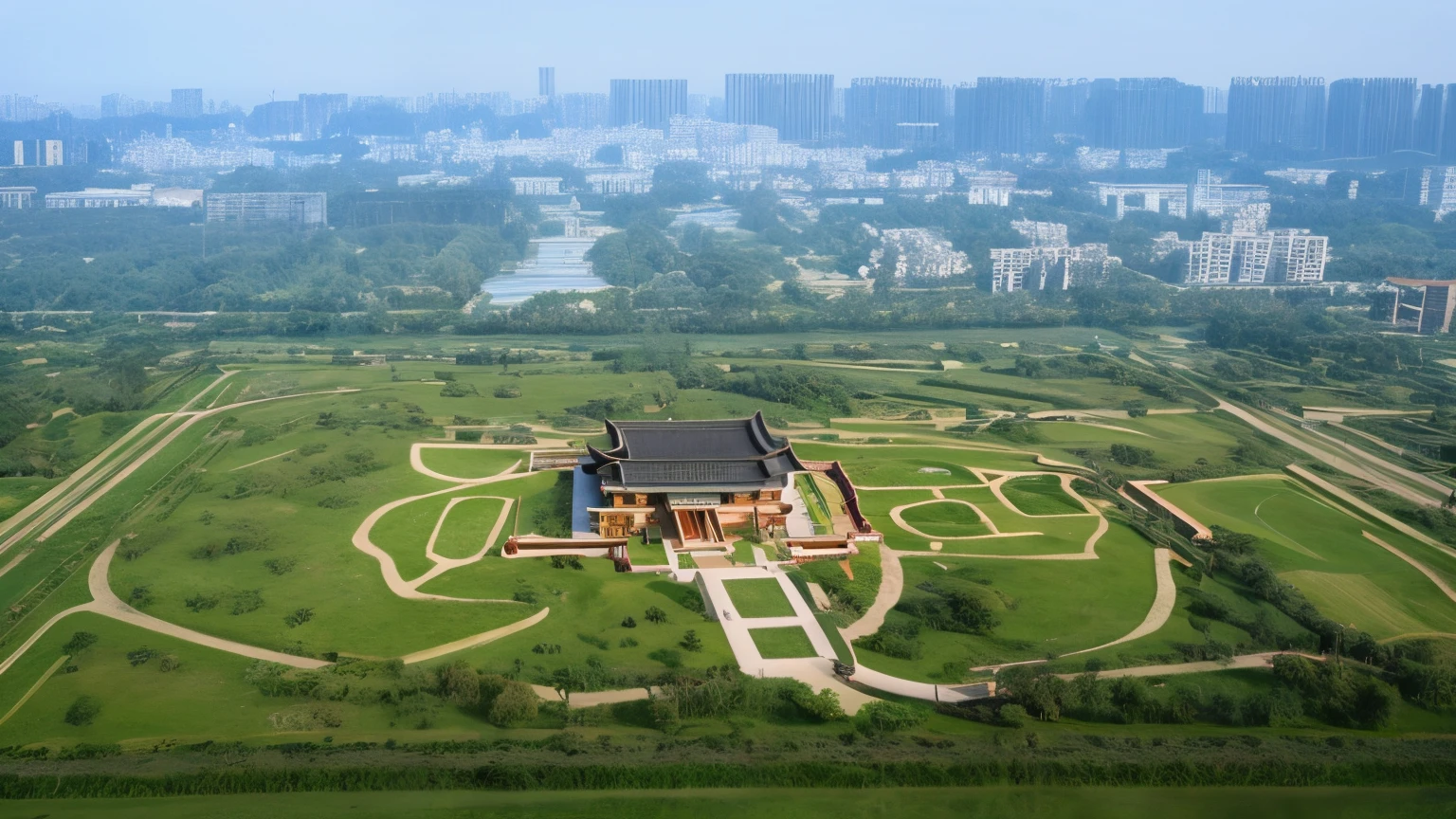 Chinese style，mansion，Surrounded by a hundred acres of grassland。