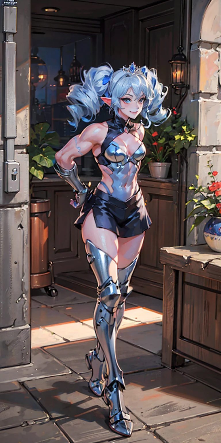 full body, def_effie, blue breastplate, blue skin, looking at viewer, shiny,armor, thighhighs, high boots,shoulder armor, faulds, poleyn, gloves, gauntlets, Rerebrace armored boots, pauldrons,(masterpiece, best quality, ultra-detailed, best shadow) yordle (1girl)( blue skin:1.2) pointy ears muscular lean platinum blonde long twin-tails hairstyle at the office lustful smirking smile face red blushed, blush, strong abs, female body builder, tiara, twin drills hair