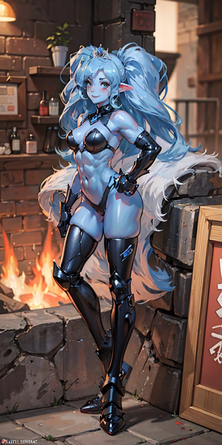 full body, def_effie, blue breastplate, blue skin, looking at viewer, shiny,armor, thighhighs, high boots,shoulder armor, faulds, poleyn, gloves, gauntlets, Rerebrace armored boots, pauldrons,(masterpiece, best quality, ultra-detailed, best shadow) yordle (1girl)( blue skin:1.2) pointy ears muscular lean platinum blonde long twin-tails hairstyle at the office lustful smirking smile face red blushed, blush, strong abs, female body builder, tiara, twin drills hair