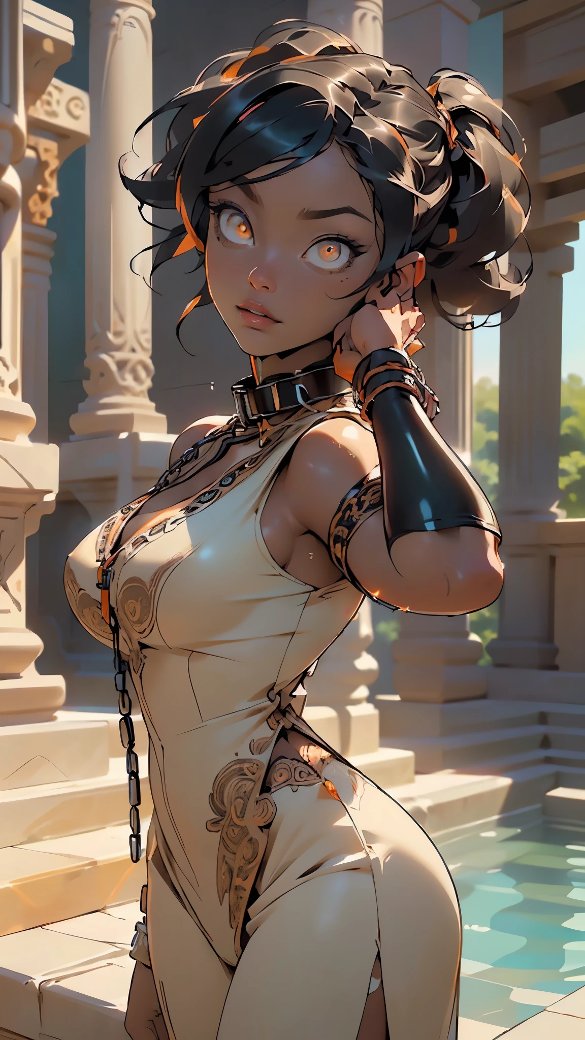 girl,1girl,
(large breasts:1.5),((Ebony dark skin, very deep ebony skin)),((carbon black skin)),((her beauty is undeniable)),((excited cute face)),((hyper detailed perfect eyes)),((carbon dark black skin)),((wet soaked puff massive giant huge pigtail afro,colored inner hair)),(((orange_eyes:1.3))),intricate eyes,beautiful detailed eyes,symmetrical eyes,((((tan,dark skin:1.3,black skin:1.35,dark-skinned_female,dark skin:1.3,ebony skin:1.3,lustrous skin:1.5,bright skin: 1.5,shiny skin,very shiny skin,shiny body)))),(spider lower abdomen,narrow waist,wide hip,athletic body,inflated legs,thick thighs),(((detailed face))),beautiful detailed lips,(((black race:1.2))),
(cute,slutty,sensual,seductive look,seductive,sexy,((erotic)),((nsfw)),
huge neckline,(wearing a Komodo jumpsuit:1.3),(((intricate outfit,intricate clothes,ornate outfit,ornate clothes))),(((slave collar,chain leash long connected to her collar,shackles,with chains))),
(cute pose:1.0),(centered,scale to fit dimensions,Rule of thirds),
((beautiful bath house made of greek marble and pillars, beautiful clear water in pool)),scenery:1.25,((intricate scenery)),((greek temple background)),
(Glossy greek ornaments),highres,sharp focus,(ultra detailed,extremely detailed),(photorealistic artwork:1.37),(extremely detailed CG unity 8k wallpaper),(((vibrant colors,vibrant theme))),(intricate),(masterpiece),(best quality),artistic photography,(photography taken by sldr),(intricate background),perfect rendered face,perfect face details,realistic face,photo realistic,((intricate detail)),(((realism))),