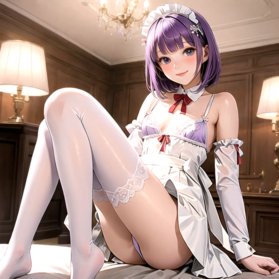 (masterpiece, best quality,absurdres, high details, perfect), 1girl, Purple hair color, short straight hair, blunt bangs,narrow waist, grey eyes, petals, pale skin, mansion, indoors, maid, maid headdress, cowboy shot, blush, light smile, head tilt, bowing,((Best quality)), ((masterpiece)), (detailed), (perfect face), (high resolution), (flawless face), ((small )), in lingerie,((white knee-high)), full body,slightly spreading legs,front view,lifting skirt.