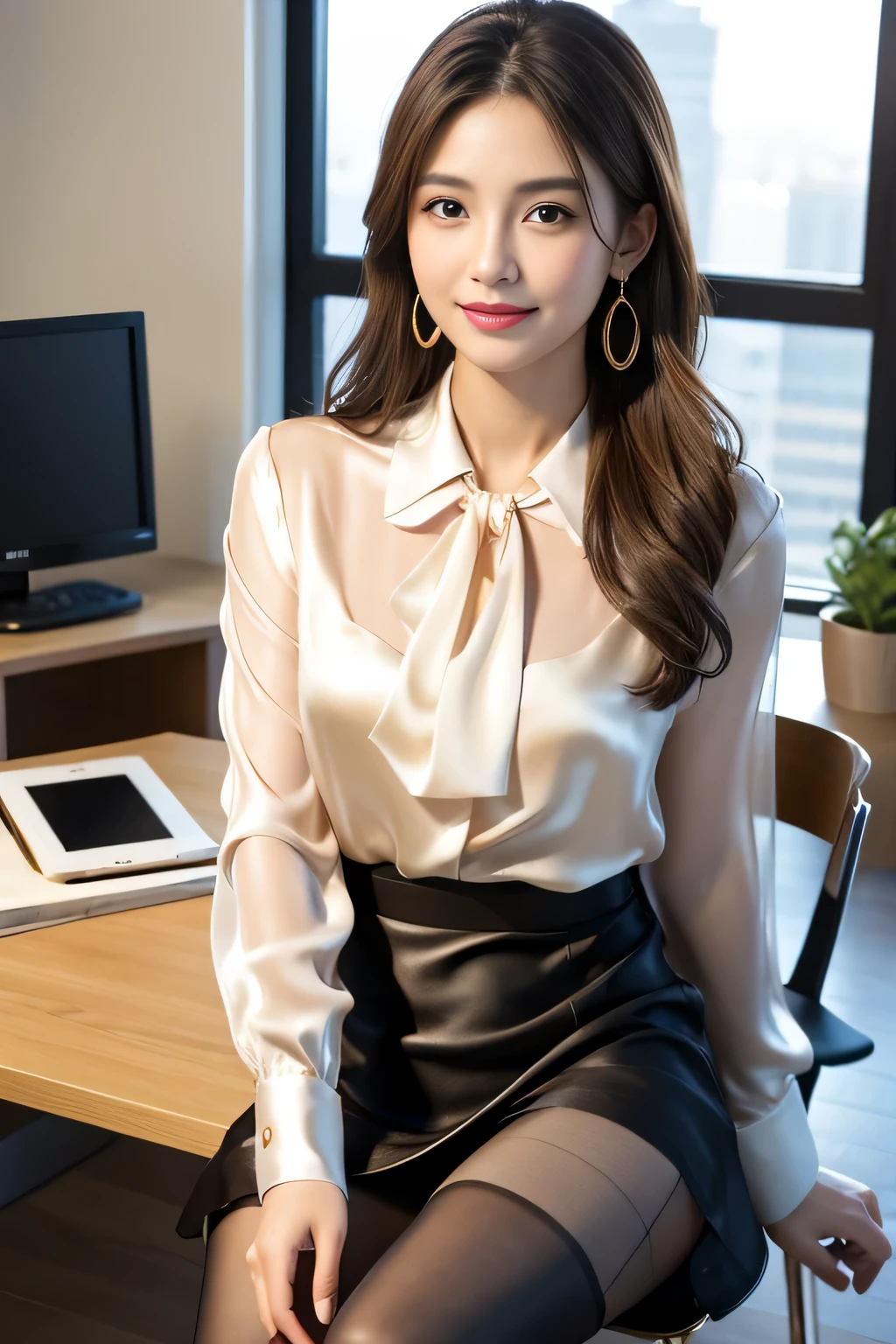 Ulchan-6500-v1.1, (Raw photo:1.2), (Photoreal), (See-through:1.3), (genuine:1.4), 1with a girl、25 years old、game_nffsw, big eyes(eye), smile of shame、brown semi-long hair、curly hair、pretty girl、(Elegant silk blouse:1.3), (super realistic pantyhose:1.2), (mini skirt:1.2), sitting in the office and working at the desk、realistic skin texture、shiny skin、big earrings、thin lips