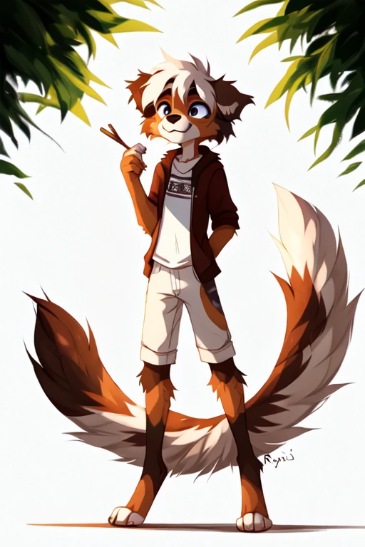 No background, white background, ((by reysi)), Furry, ((Australian Shepard)), detailed fur, ((teen)), ((male)), ((slender, skinny)), white hair,full body