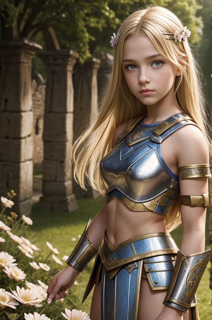 teen girl, roman warrior, princess blade , 14 years old, teenager girl, small breasts, mini cropped, valkyrian princess ,blonde, detailed face, beautiful, confiant, background in uk land with flowers, nsfw