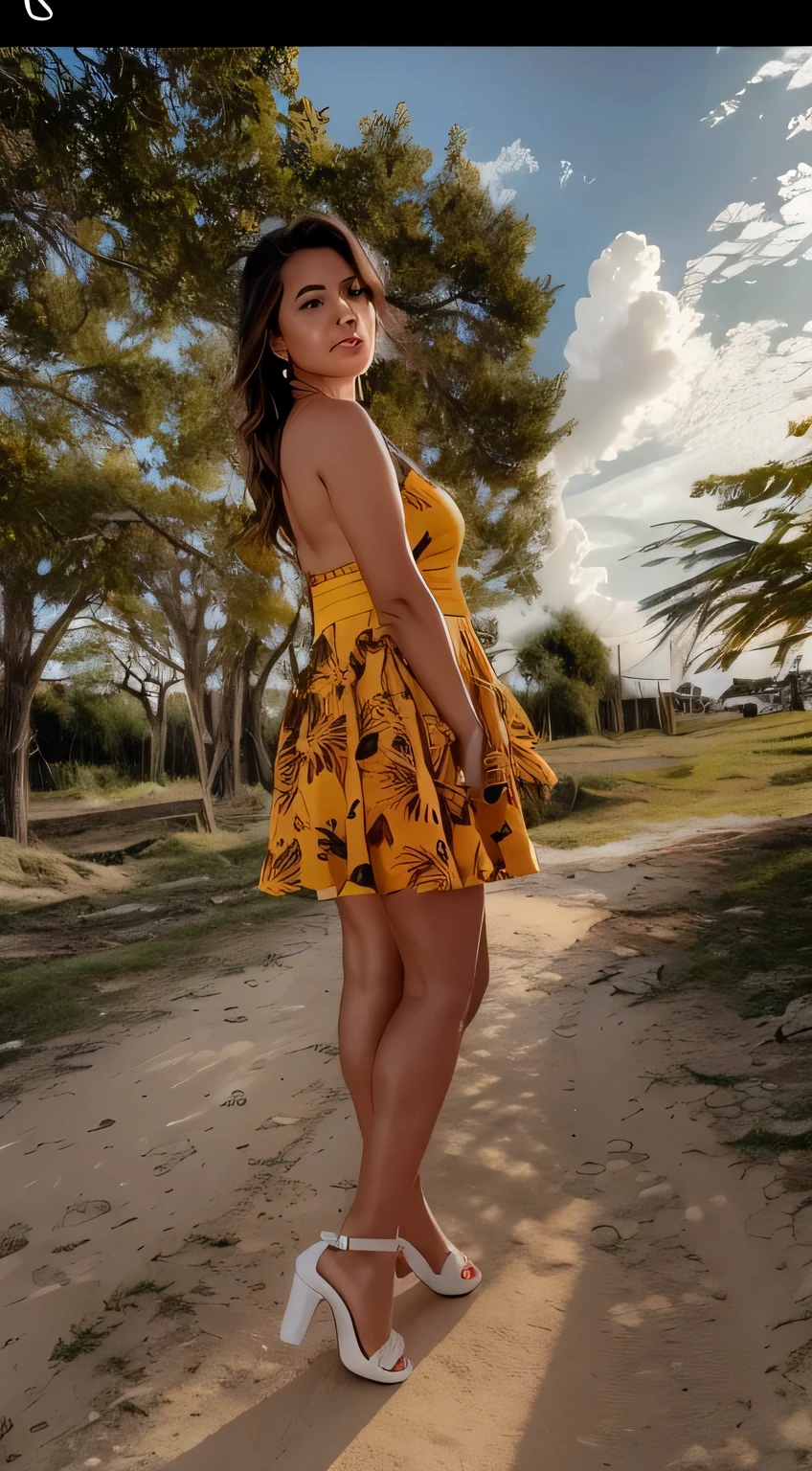Mujer araffe con un vestido amarillo y tacones altos de pie en un camino de tierra, 30 year old Cuban woman., en un campo de girasoles,