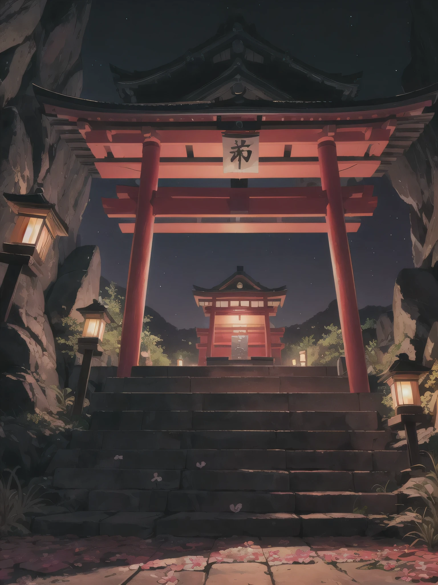 masterpiece, best quality, overgrown weeds, glowing flower Japanese shrine, dim lighting, cave interior background, hanging banners, horror, scary, night time