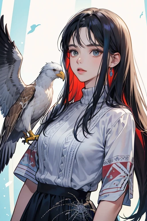 Amelia is a red and white eagle, strongly resembling the crested caracara, a bird of prey native to South America. Her feathers are different shades of blue, and her head is primarily white looking similar to Apollo. She has red on her face, half her beak, and the rim close to her neck. Amelia also wears cyan eyeshadow. In Animal Forest, Amelia wears no eyeliner, something that was changed in later games. She initially wears a spider web shirt, which was changed to the Aran-knit sweater in New Horizons. SPARKLE; GLITTER