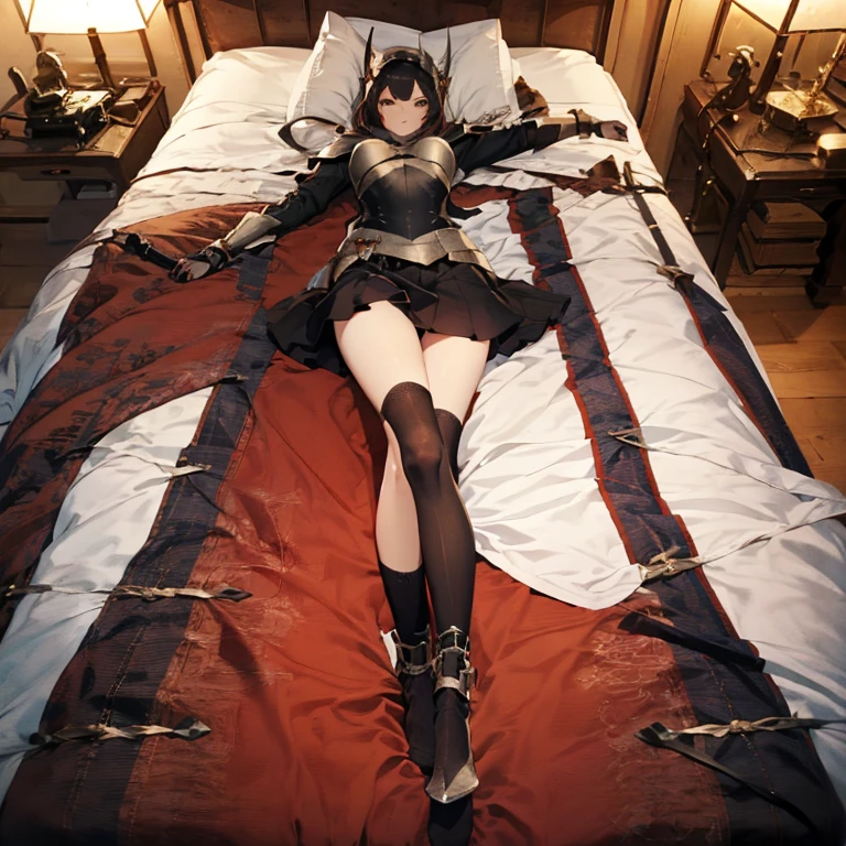 A l female knight, (in forest), wearing armored clothes, metal armor, night, details face, , short skirt, sword, tied to bed