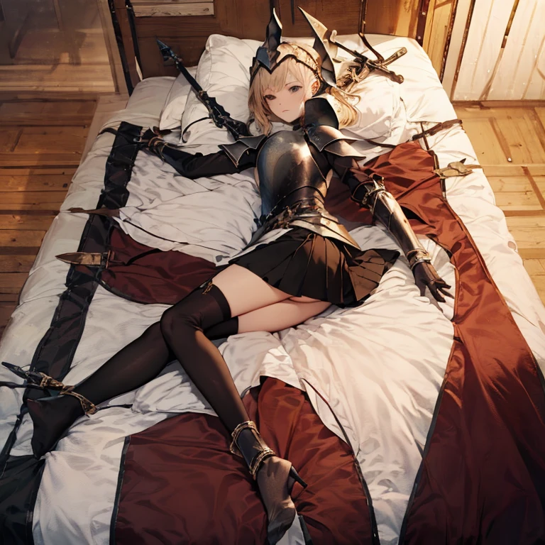 A l female knight, (in forest), wearing armored clothes, metal armor, night, details face, , short skirt, sword, tied to bed