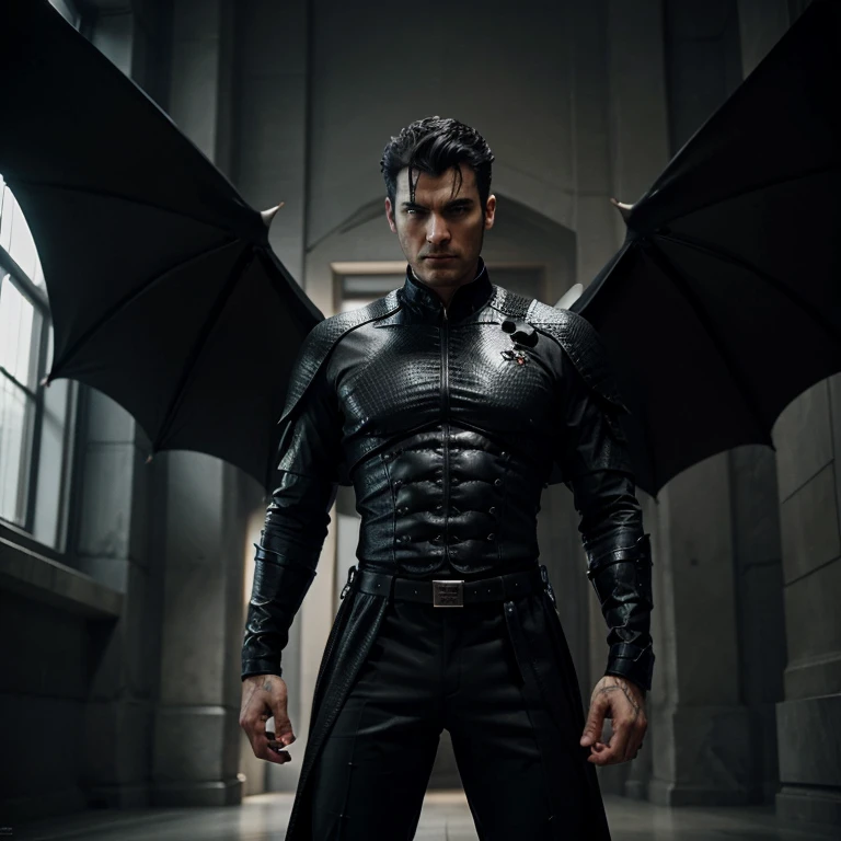 Generate a tall, male, draconian, with short, black, curly hair. He needs to have black scales and wearing a black suit. Make him look real.