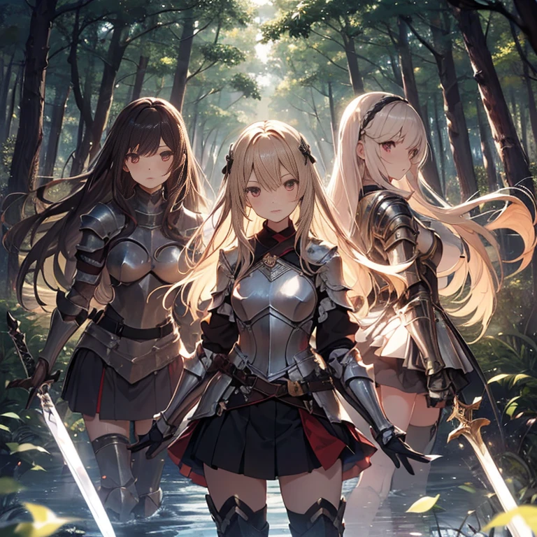 A group of female knight, (in forest), various hair styles, harem, wearing armored clothes, metal armor, night, details face, , short skirt, seducing, sword,
