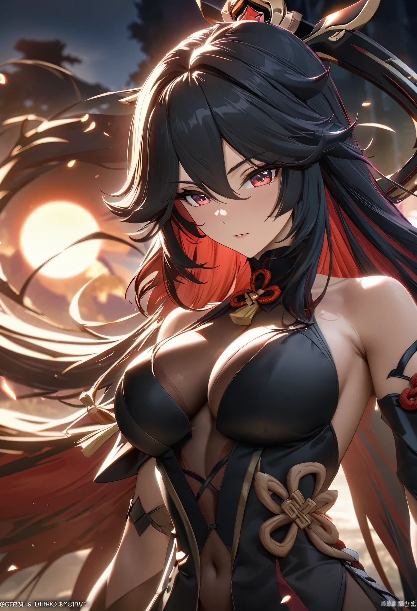 ((solo)), (woman), light tanned skin, cherry red eyes, raven black hair, very long messy hair, vibrant red colored inner hair, (sculpted body), medium-big breasts, thick, mature body, a close up of a person with a scythe in a desolate land detailed key anime art, acheron, casimir art, masamune shiro, masamune, beautiful woman in demon slayer art, genshin, heise jinyao, shadowverse style, (no logos), eclipse, black powers, twilight scenery, detailed clothes, eye reflection, depth of field, cinematic lighting, ray tracing, depth of field, cinematic lighting, ray tracing, UHD, high details, best quality, highres, high quality, award winning, super detail, masterpiece, 8k, UHD, high details, best quality, highres, high quality, award winning, super detail, masterpiece, 8k, digital art, anime coloring