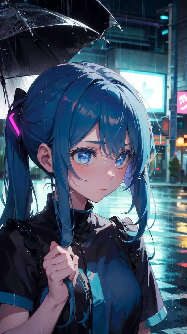 1 anime girl, alone,blue hair,blue eyes,Black petals flutter, A mysteriously shining butterfly.city,Hatsune Miku,鮮やかblue hair,bright blue jewel eyes,twin tails,thin legs,Gloomy cloudy sky,sad expression,very clear,highest quality,rainy city,street corner,Are crying,tears,close up of face,sleep on your back,barefoot,heavy rain
