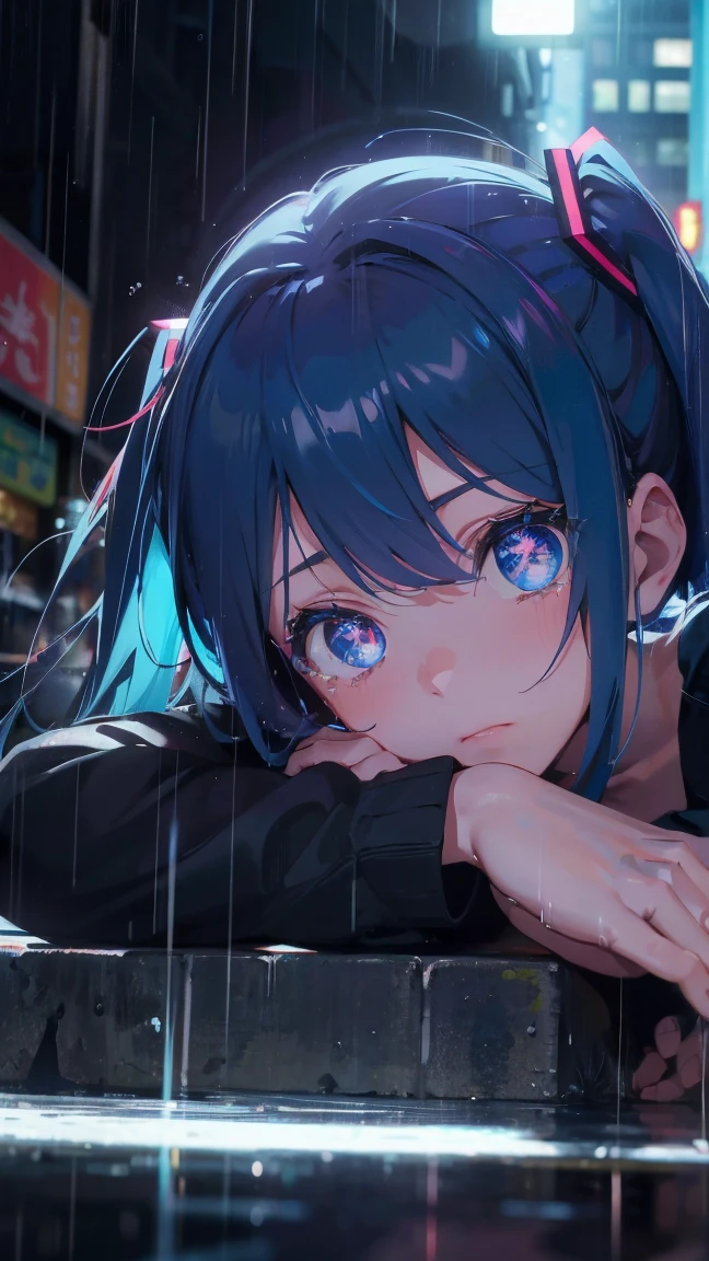 1 anime girl, alone,blue hair,blue eyes,Black petals flutter, A mysteriously shining butterfly.city,Hatsune Miku,鮮やかblue hair,bright blue jewel eyes,twin tails,thin legs,Gloomy cloudy sky,sad expression,very clear,highest quality,rainy city,street corner,Are crying,tears,close up of face,sleep on your back,barefoot,heavy rain