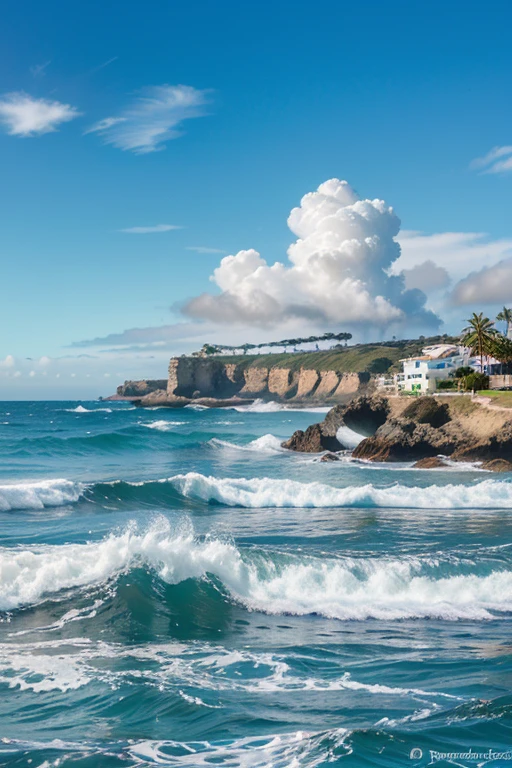 Paisaje bonito del mar, donde se vea la arena, la Costa, las aguas con distintos tonos de azul,  la espuma de las olas, El Cielo desperado azul, con peque;as nubes blancas