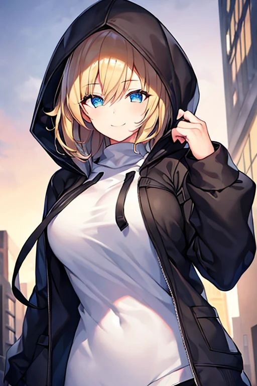 1girl, hood, jacket, hooded jacket, hood on, hood up, blonde hair, large breasts, breasts, white shirt, black shirt, very short hair, pants, black pants, smile, toned, toned female, urban, mature female