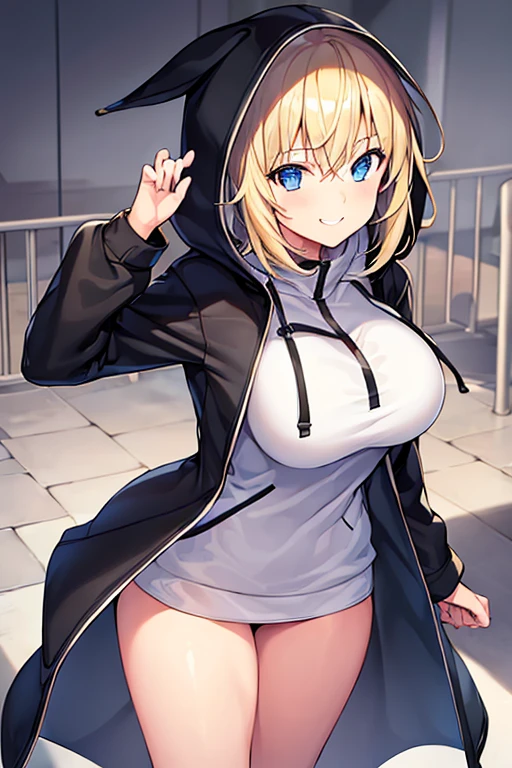 1girl, hood, jacket, hooded jacket, hood on, hood up, blonde hair, large breasts, breasts, white shirt, black shirt, very short hair, pants, black pants, smile, toned, toned female, urban, mature female