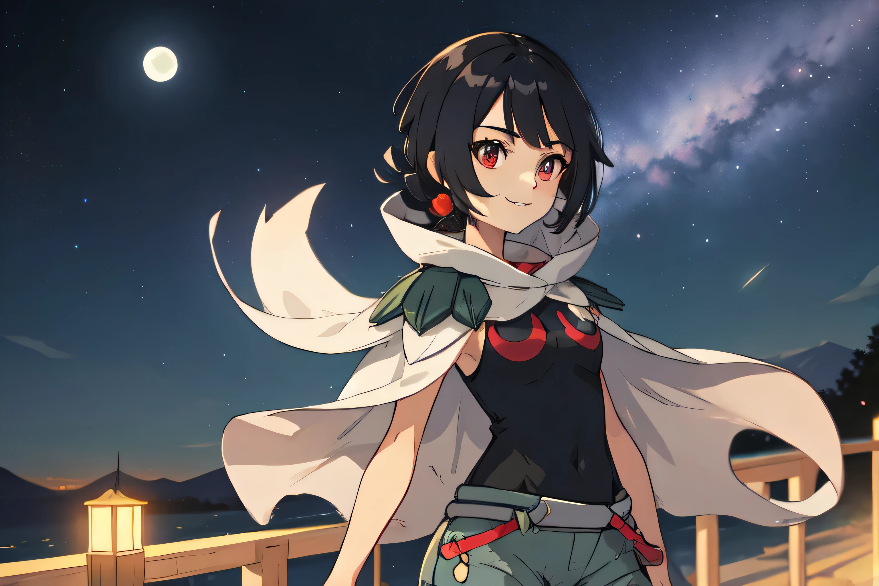 zinnia \(pokemon\) , red eyes, grey shorts, black shirt, sleeveless, cape, nightsky , guard rail ,moon,   best quality, (extremely detailed:1.4)  ,illustration, mysterious, vivid_color, shiny,, Dynamic actions , Lens perspective  , volumetric lighting , detailed eyes, hyper detailed ,  beautiful, small details, ultra detailed, intricate, 4k, 8k, good anatomy, beautiful lighting, smiling, night sky, meteor