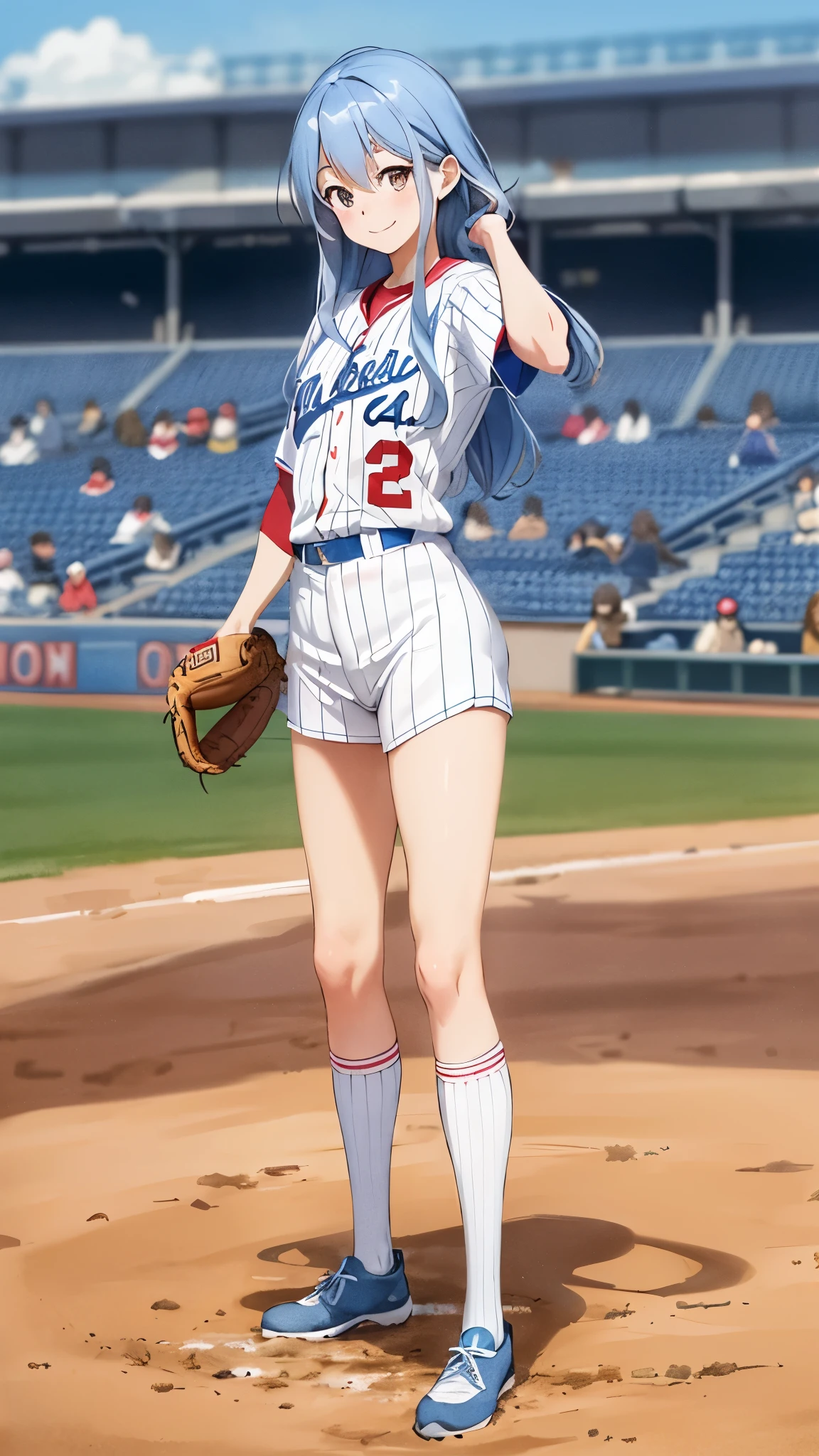 baseball uniform, light blue long hair、Beautiful twin-tailed pitcher girl、Throw to the batter on the pitcher&#39;s mound、bright smile、detailed uniform, Watching the batter、Depth of the bounds written,  detailed realistic background, packed audience、Diffused natural skin glow,baseball stadium、packed audience