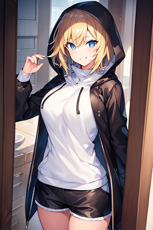 1girl, hood, jacket, hooded jacket, hood on, hood up, blonde hair, large breasts, breasts, white shirt, black shirt, very short hair, pants, black pants, smile, toned, toned female