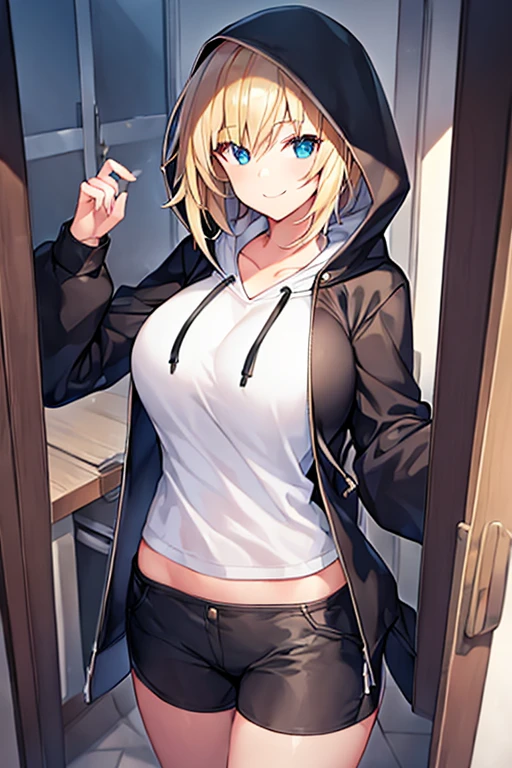 1girl, hood, jacket, hooded jacket, hood on, hood up, blonde hair, large breasts, breasts, white shirt, black shirt, very short hair, pants, black pants, smile, toned, toned female