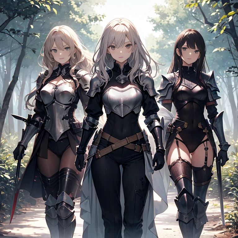 A group of  female knight, (in forest), various hair styles, harem, wearing armored clothes, metal armor, night, details face, trousers, seducing, sword, leotard 