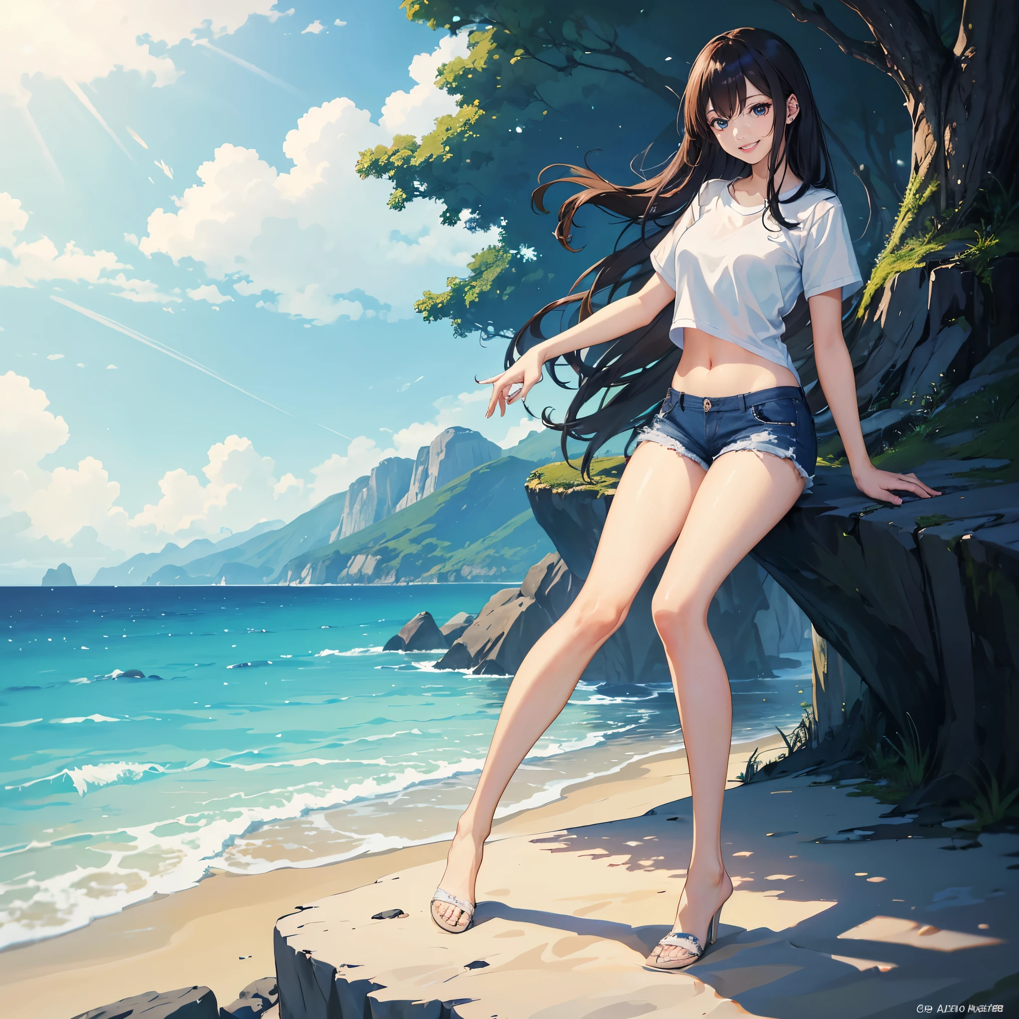 (highest quality、masterpiece、8K、best image quality、hyper realism、Award-winning work)、1 female、(alone:1.2)、(Simple thin tight short sleeve T-shirt:1.1)、(Close-fitting short-sleeved open-chested T-shirt:1.1)、(very short ripped distressed shorts:1.1)、(Standing gracefully:1.2)、(最も自然でwide々standing on a beautiful and perfect beach:1.2)、(wide々standing on the shore of the beautiful waves:1.1)、(beautiful perfect sandy beach:1.1)、(beautiful clear sky:1.1)、(beautiful thunder clouds:1.1)、beautiful sea、(透き通って鮮やかなbeautiful sea:1.1)、Complex sea glow、beautiful seaの詳細が描かれています、(Full body photo of a woman standing elegantly:1.3)、(emphasize body line:1.1)、(slender and beautiful legs:1.3)、(beautiful long legs:1.3)、slender body、(Rear view:1.2)、(ass facing me:1.1)、(look back at me:1.1)、accurate ???????、perfect makeup、long eyelashes、glossy lips、Ultra high definition glossy skin、(Ultra-high definition bright and beautiful skin:1.1)、超高精細のglossy lips、Super high definition beautiful teeth
