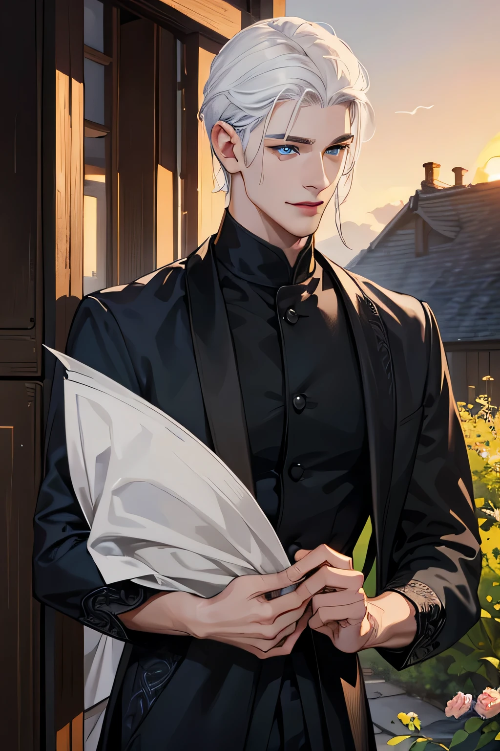 masterpiece, best quality, realistic, 1man, casual dark black clothes, young male, tall , handsome, smile, closed mouth, portrait, extremely detailed face, (over ther shoulder hair), (white hair), (blue eyes), portrait, sunset, outside of  a old house english.