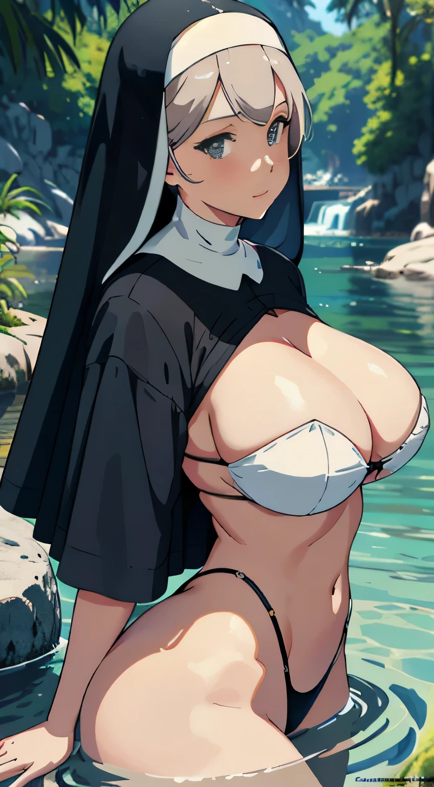 Upper body is naked, big, big, very cute, animated image of nun woman at the water's edge, cute sexirobat, [4K digital art]!, 3DCG, high resolution commission, huge tess art, large areola, detailed digital anime art drawn in high resolution,