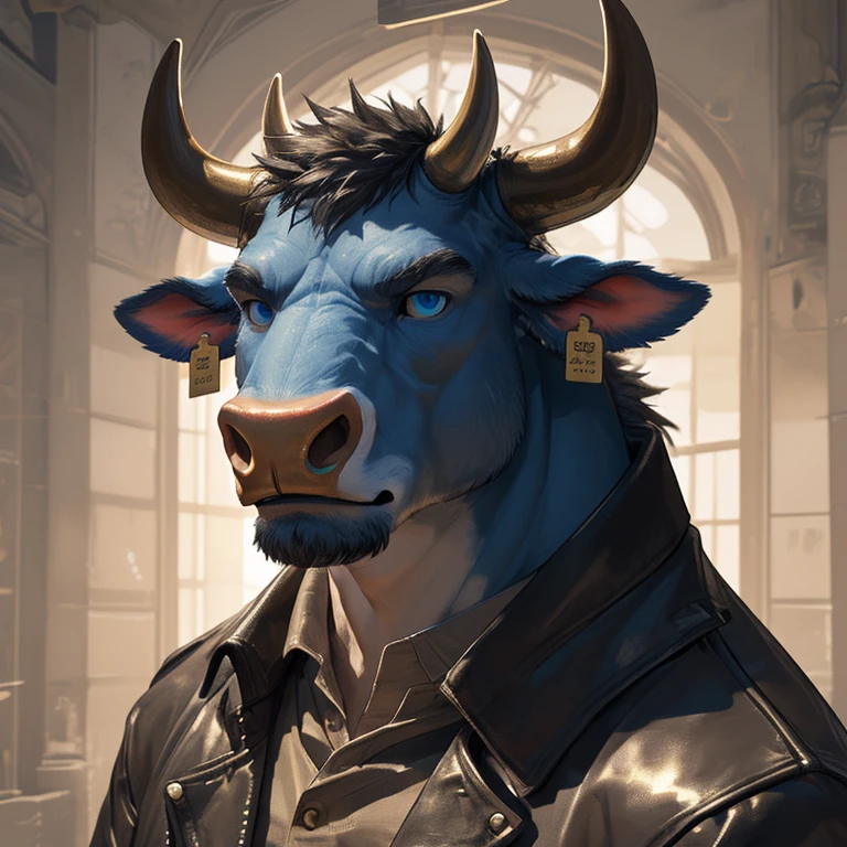 Headshot, handsome male, cow, pointy horns (two), gold nose ring, cattle ear tag, heavy muscular build, short messy fringe, ((best quality)), ((masterpiece)), (detailed), perfect face, blue fur, blue eyes, good eyes, leather jacket, mischievous, realistic 