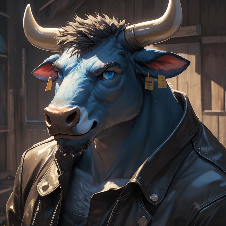 Headshot, handsome male, cow, pointy horns (two), gold nose ring, cattle ear tag, heavy muscular build, short messy fringe, ((best quality)), ((masterpiece)), (detailed), perfect face, blue fur, blue eyes, good eyes, leather jacket, mischievous, realistic