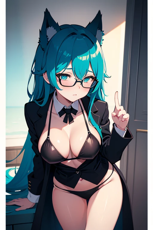 hot girl, beautiful long cyan hair, wearing glasses, cyan eyes, black bikini, big but medium breasts,  a black jacket no panties and long black transparent socks, wolf ears, blush