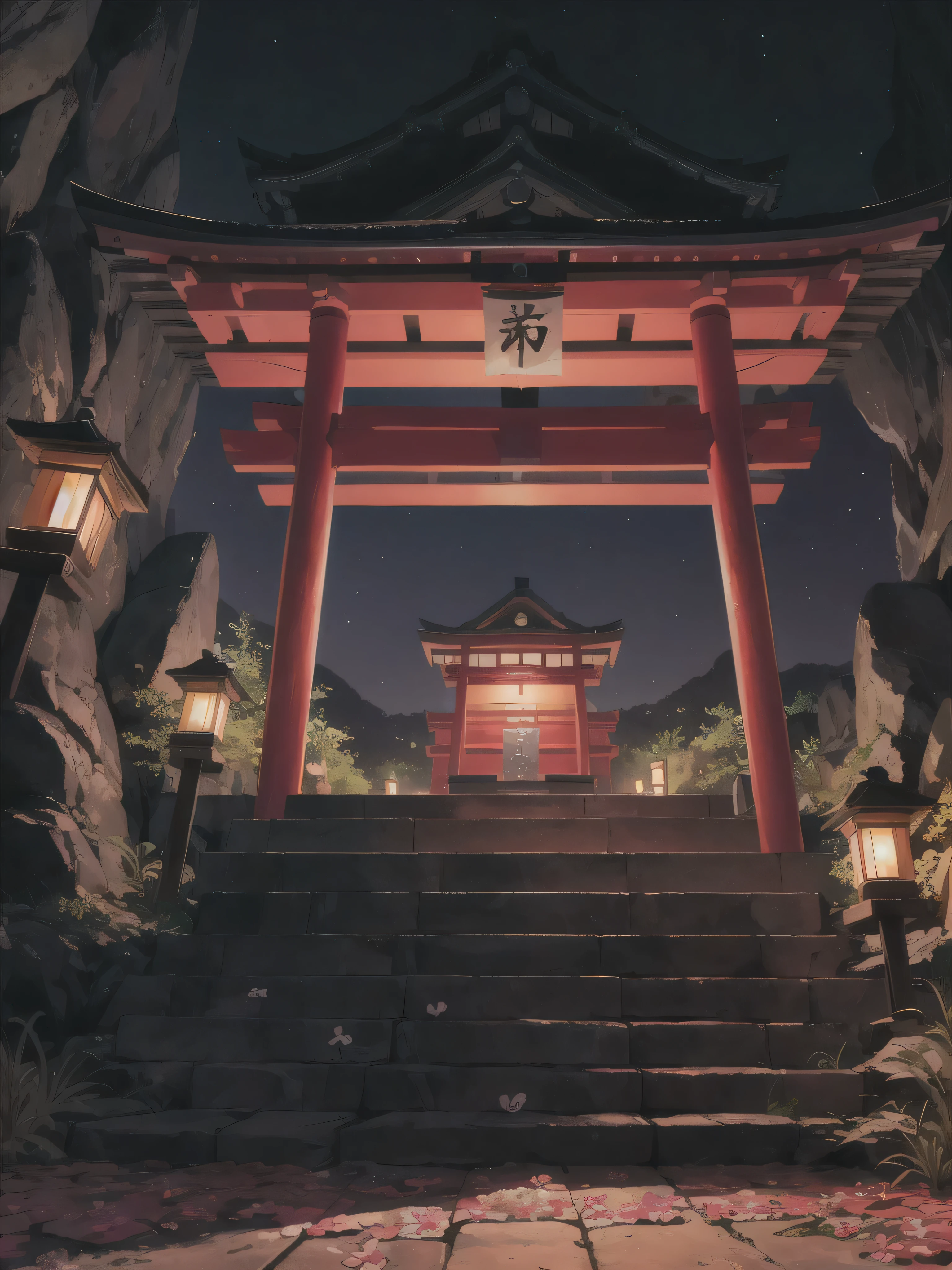 masterpiece, best quality, overgrown weeds, glowing flower Japanese shrine, dim lighting, cave interior background, hanging banners, horror, scary, night time