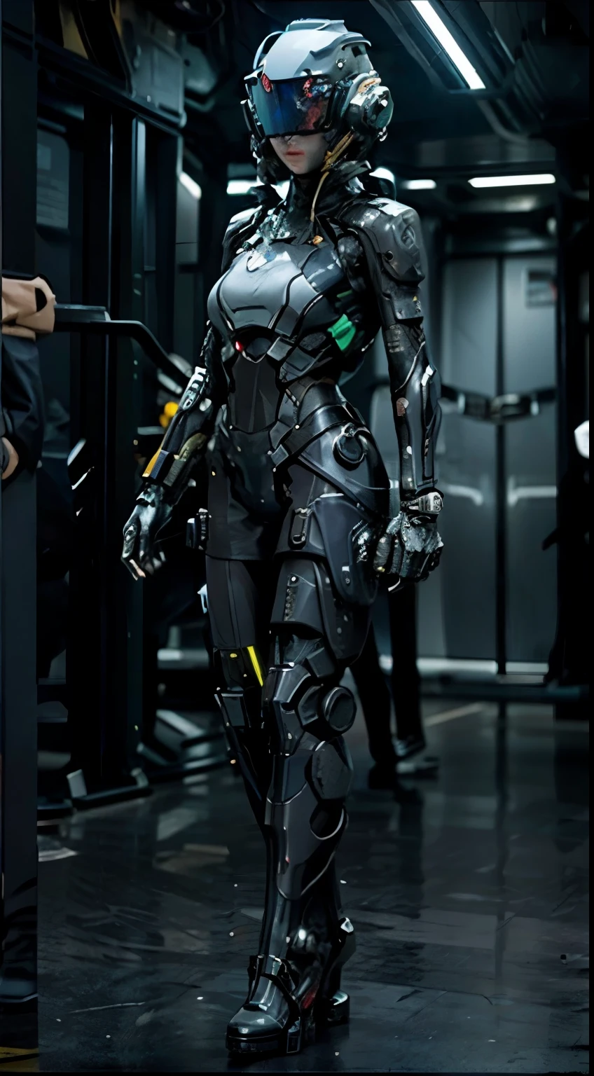 surreal, Miss , Dress up in futuristic VR, dark background, high quality images, ,(Wear a thick high-tech head-mounted display with neon lights:1.2) Inside the spaceship, fashion suit,,full body portrait,standing,