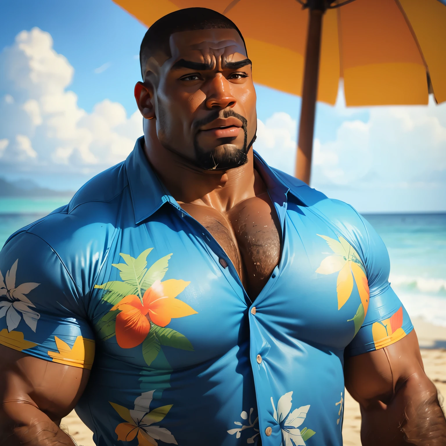 an exaggeratedly muscular and large bodyguard, beefy build, beard, dark-skinned african american male, surprised expression, buzzcut hair with square line, (wearing bright Hawaiian shirt 1.2), (bara pecs: 1.3), (arm and chest hair: 1.1), close-up portrait HD, (sunny beach resort)