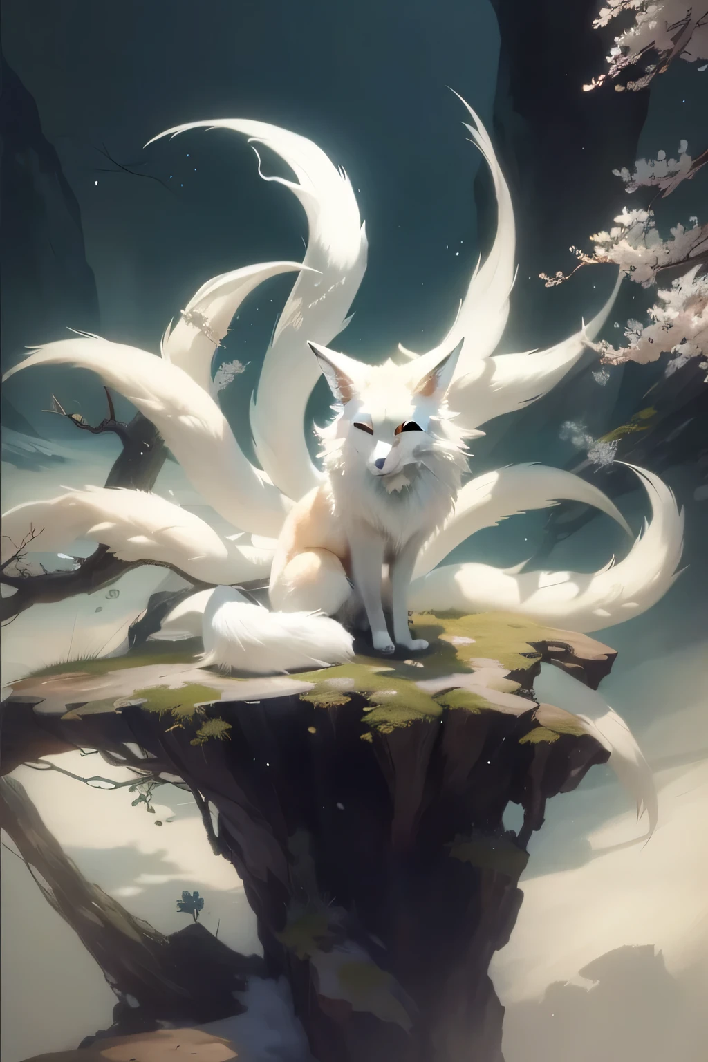 There is an arctic fox sitting on a towering rock in the middle of the valley., nine tails, Kyuubi, 狐 three-tailed fox, three-tailed fox, Water often, Ethereal Fox, arctic fox
