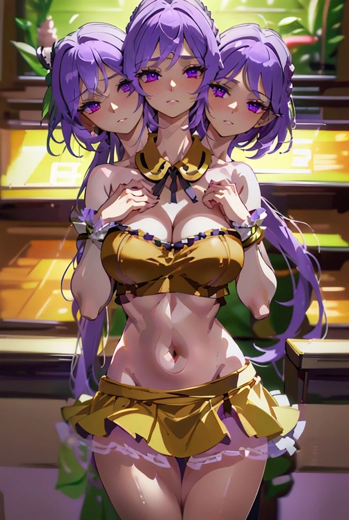 (masterpiece, best quality), best quality, (ultra-detailed), (3heads:1.5), 1girl, (tsukumo benben:1.3), masterpiece, best quality, ultra quality, ultra resolution, ultra detail, brown and black top, crop top, ((stomach)), midriff, ((groin)), brown skirt, normal ears, shackles, lilac hair, very long hair, wavy hair, sidelocks, purple eyes, parted lips, single horn, sweat, cute, toned belly, hand on own chest, eyelashes, (24 year old woman:1.3), (masterpiece:1.5), (best quality:1.5), (beautiful detailed), extremely detailed CG, extremely delicate and beautiful, depth of field, (finely detailed face), (perfect details:1.2), (mature female:1.3), wide pelvis, slender, large veiny breast, 16k resolution, highres, very high quality, very high definition, extremely detailed, masterpiece, lilac hair, long hair, alluring presence, braid, short skirt, close up, big tits, young, two long ponytails,